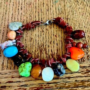 Stone and Leather Bracelet Handmade Artisan Charm 8”